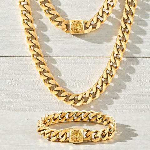 Cuban Link Curb Chain for Men 18K Gold Filled Lion Necklace Boy Newest 12mm
