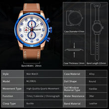 MEGIR Sport Watch for Men Leather Strap Quartz Military Wristwatch with Chronograph Waterproof Calendar Clock Reloj Hombre 2082